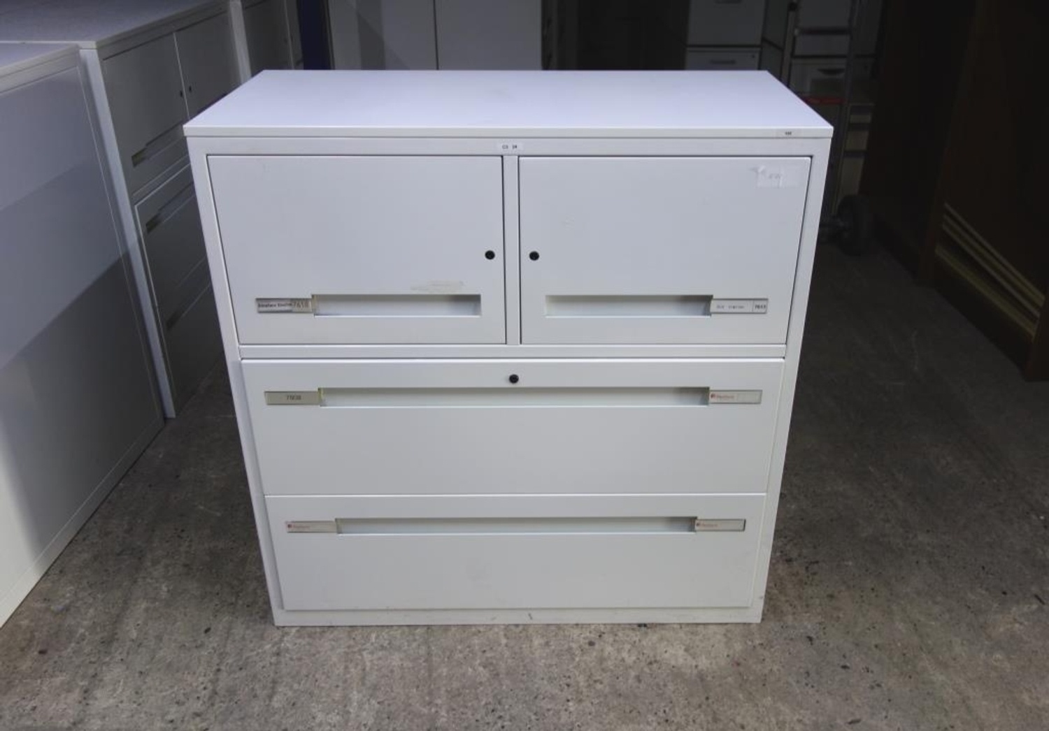 White Metal cupboard with wooden top