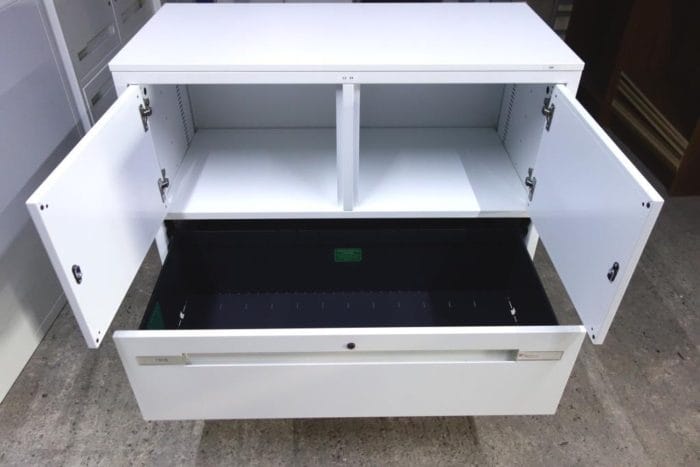 White Metal Cupboard With Wooden Top