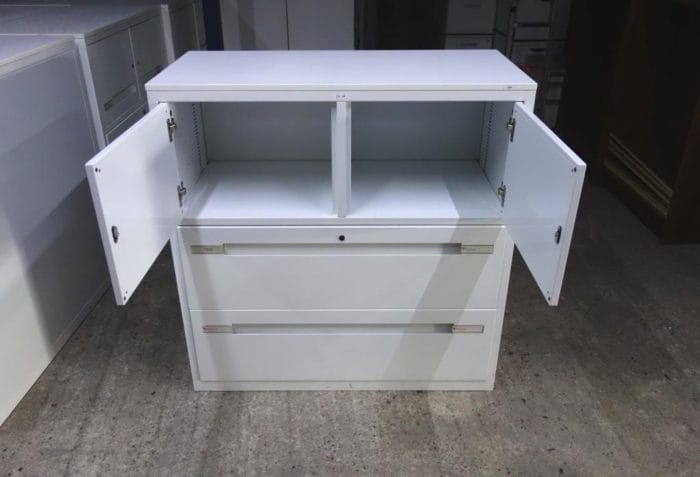 White Metal Cupboard With Wooden Top